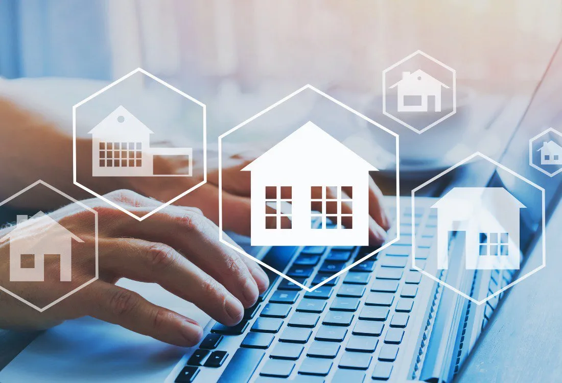 A landlord researching the Renters’ Rights Bill on a laptop, with illustrated property icons representing their rental portfolio and digital property management tools.