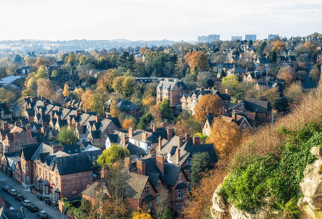 Aerial view of suburban houses in Nottingham, illustrating the dense and varied residential landscape that underpins the city’s strong rental market.